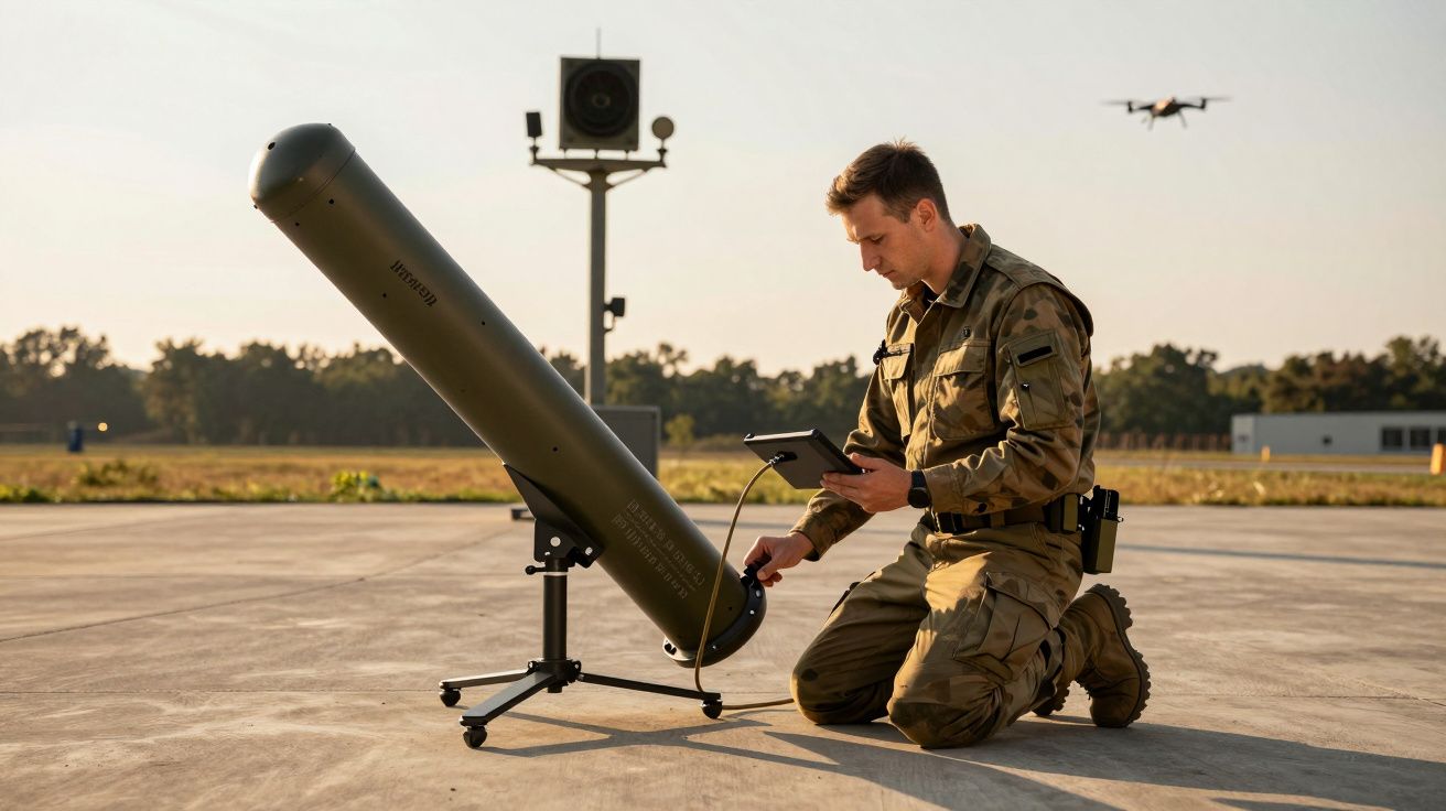 Mężczyzna w mundurze obsługuje urządzenie na zewnątrz, w tle dron na niebie i drzewo.