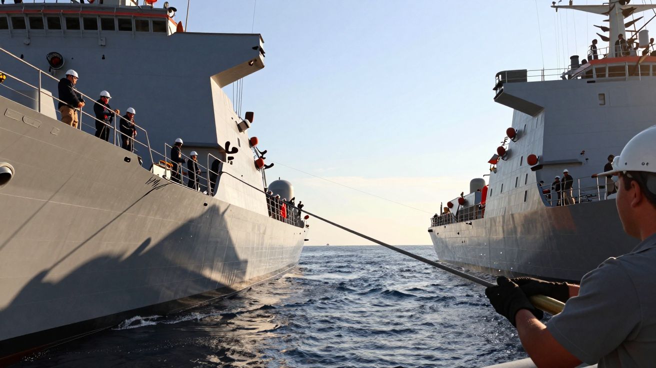 Dwa okręty wojenne blisko siebie na morzu, z marynarzami na pokładzie i liną łączącą jednostki.