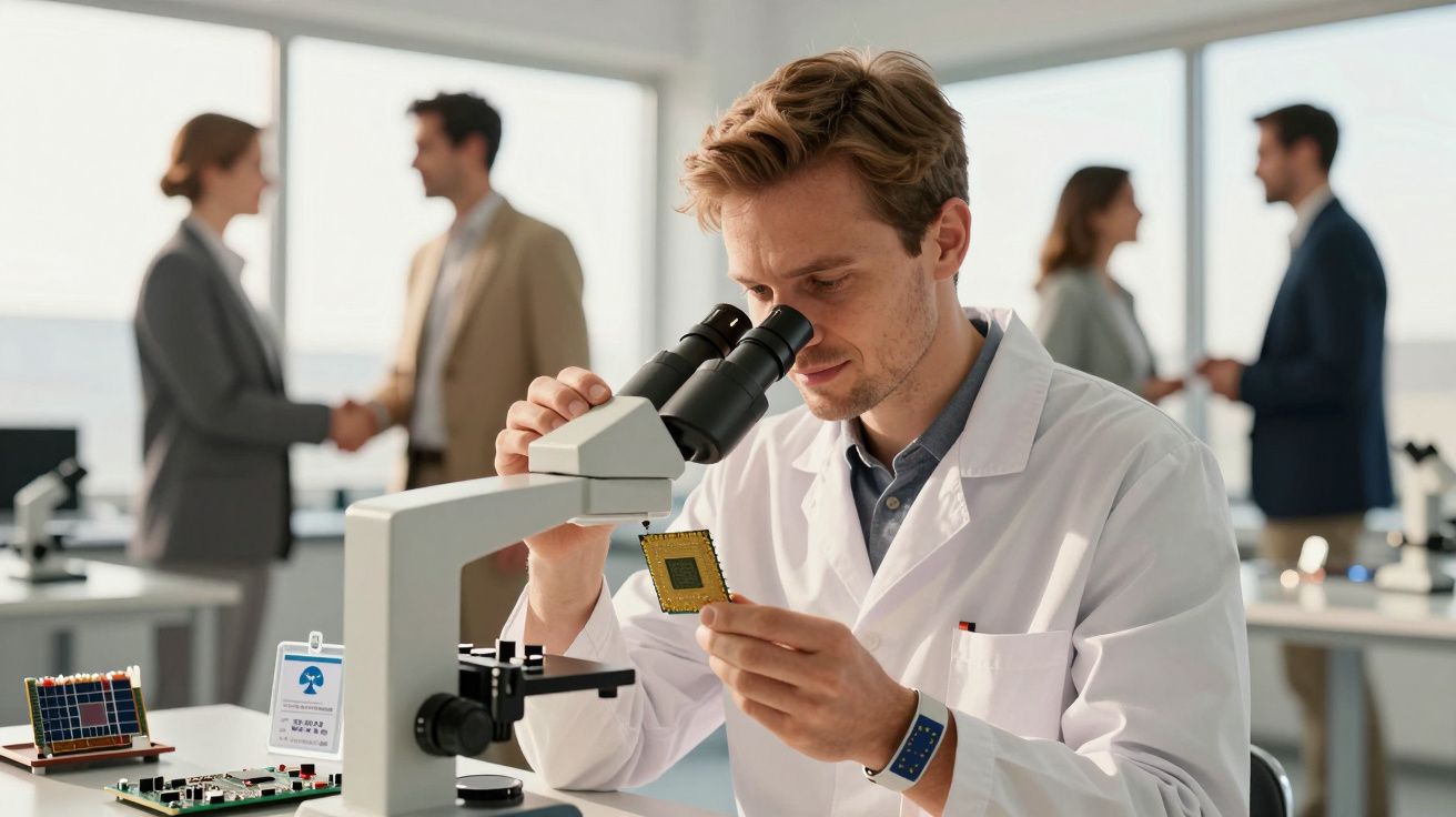 Naukowiec w białym fartuchu bada chip pod mikroskopem w laboratorium; w tle ludzie rozmawiają.