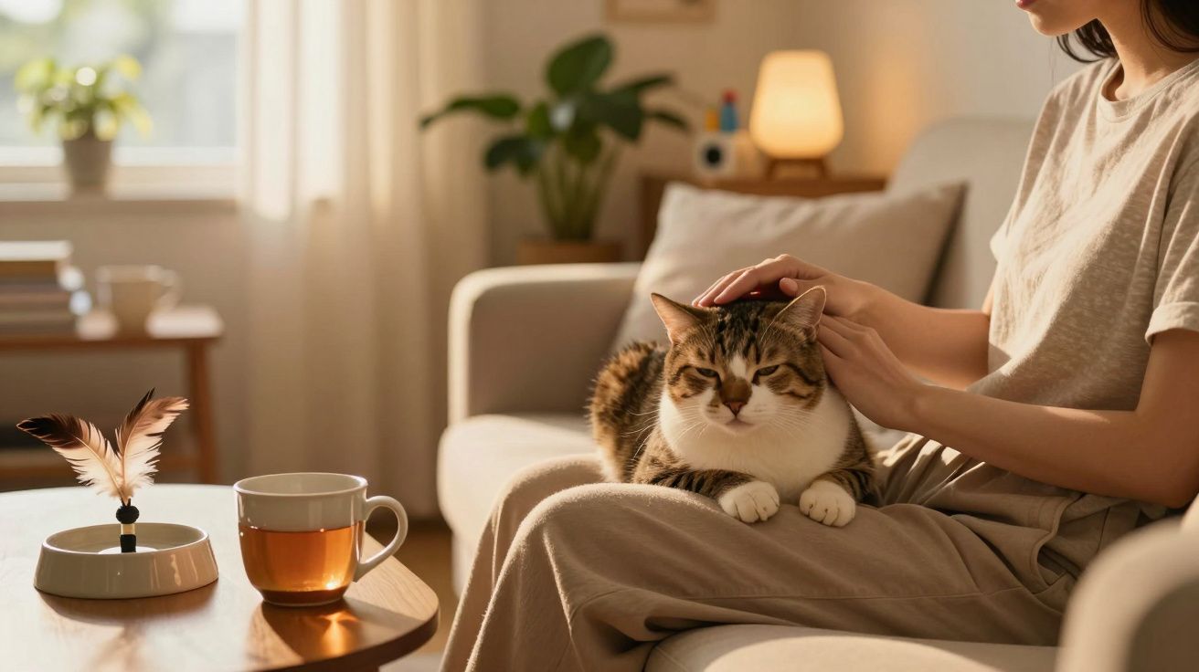 Osoba głaszcząca kota siedzącego na kanapie, obok której stoi filiżanka herbaty i zabawka z piórkiem.