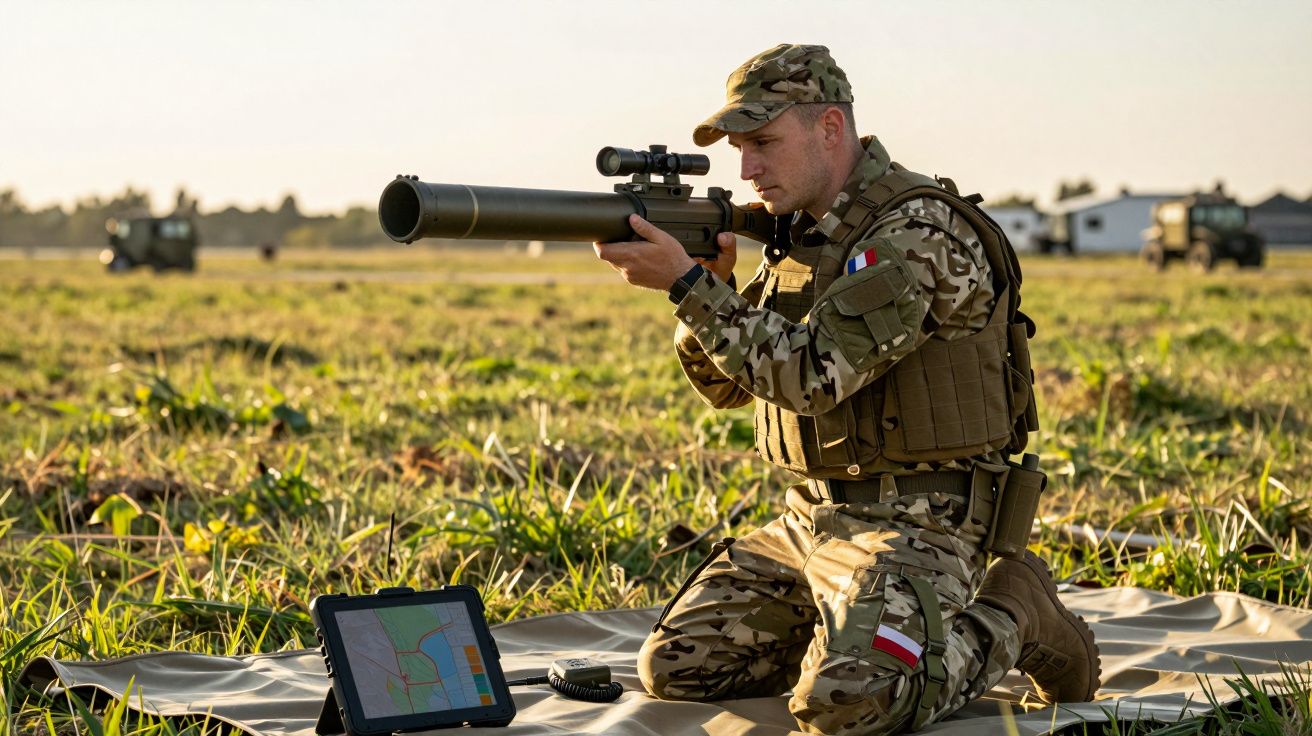 Żołnierz w kamuflażu kneelący na trawie celuje z granatnika. Przed nim znajduje się tablet z mapą.
