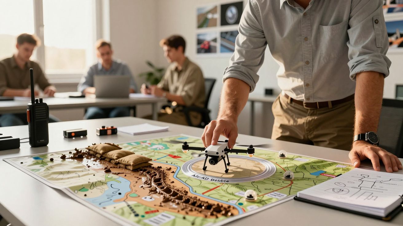 Mężczyzna planujący misję dronów nad makietą, w tle osoby przy biurkach z laptopami.