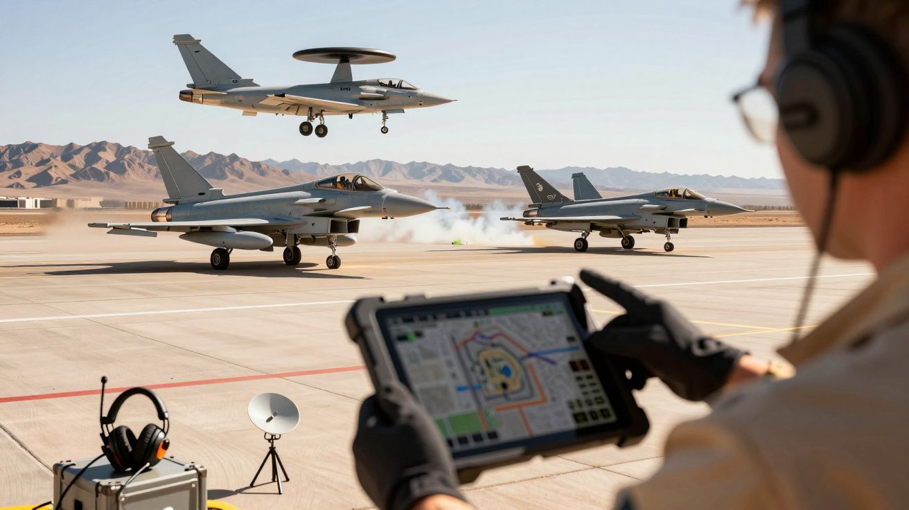 Osoba z tabletem obserwuje samoloty wojskowe na pasie startowym, w tle widać góry.