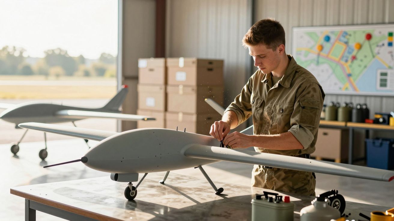 Mężczyzna w mundurze pracuje nad dronem w hali, otoczony sprzętem i mapą na ścianie.