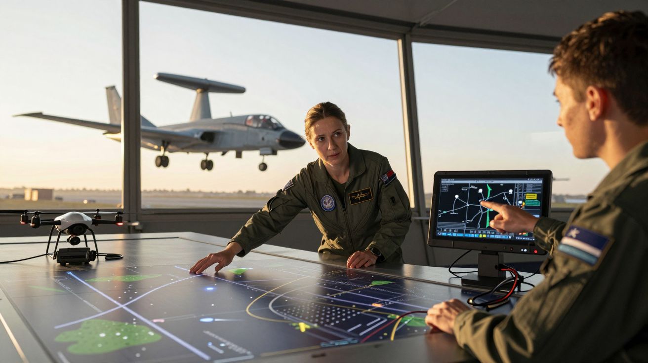 Dwóch wojskowych w mundurach pracuje przy cyfrowym stole z mapą lotniczą, samolot startuje za oknem.