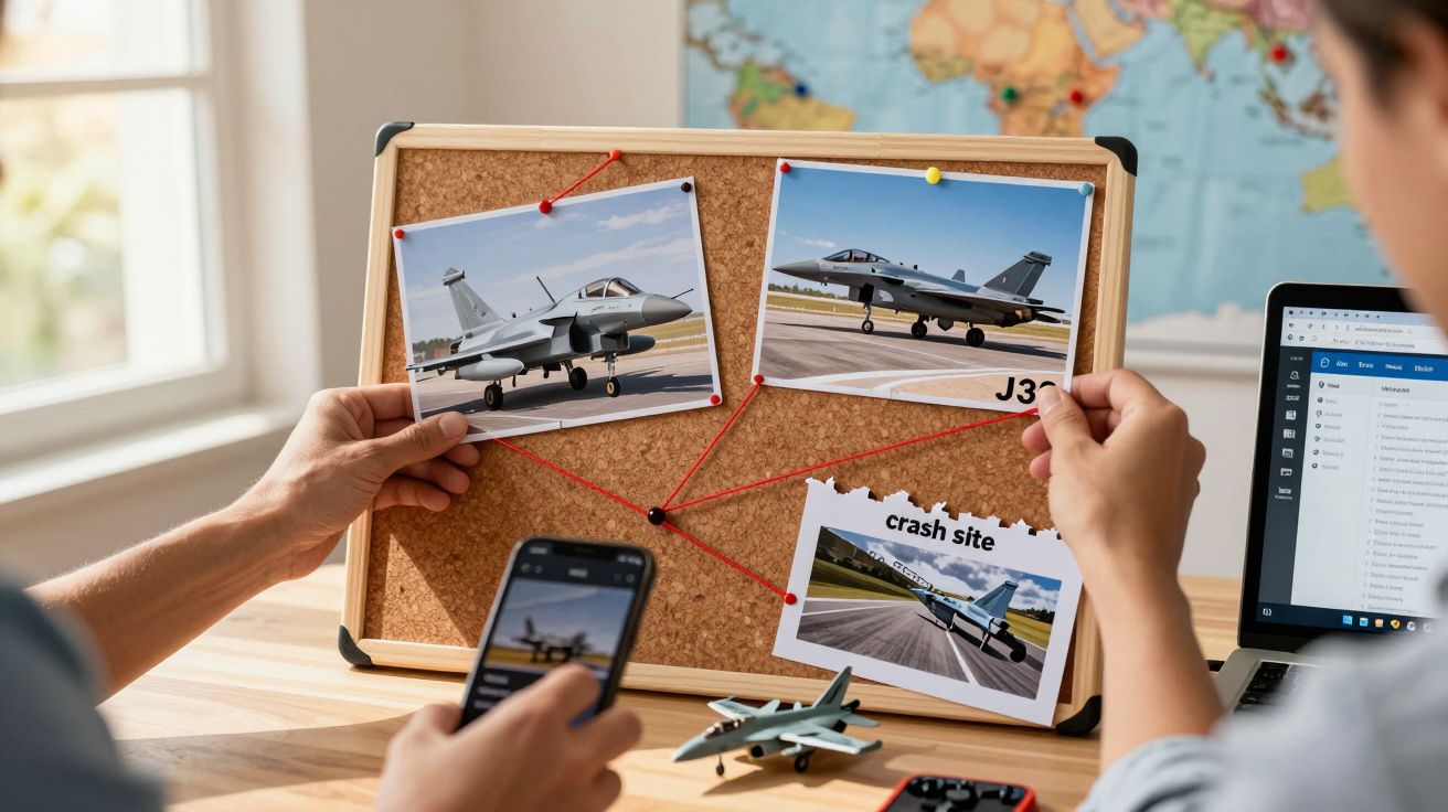 Tablica korkowa z powiązanymi zdjęciami myśliwców i miejsca katastrofy, osoba robi zdjęcie telefonem.