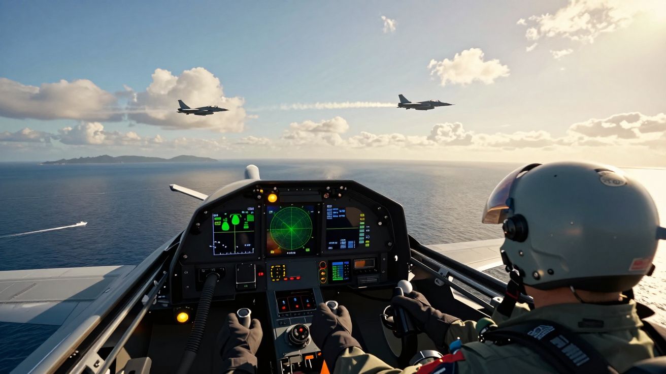 Pilot w kokpicie myśliwca, obserwujący dwa samoloty nad oceanem i wyspą na horyzoncie.