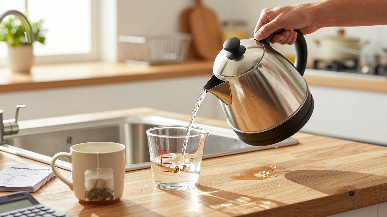 Osoba nalewa wodę z czajnika do szklanej miarki na blacie kuchennym obok kubka i zlewu.