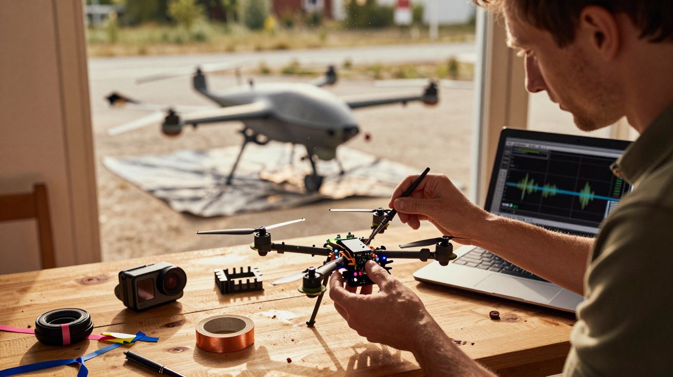 Mężczyzna naprawiający drona na stole, w tle laptop z wykresami i dron na zewnątrz.