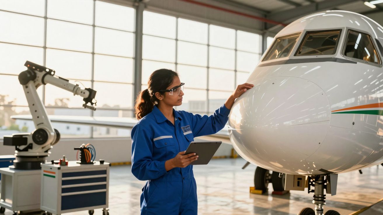 Kobieta inżynier w niebieskim kombinezonie sprawdza samolot w hangarze, używając tabletu i robota do inspekcji.
