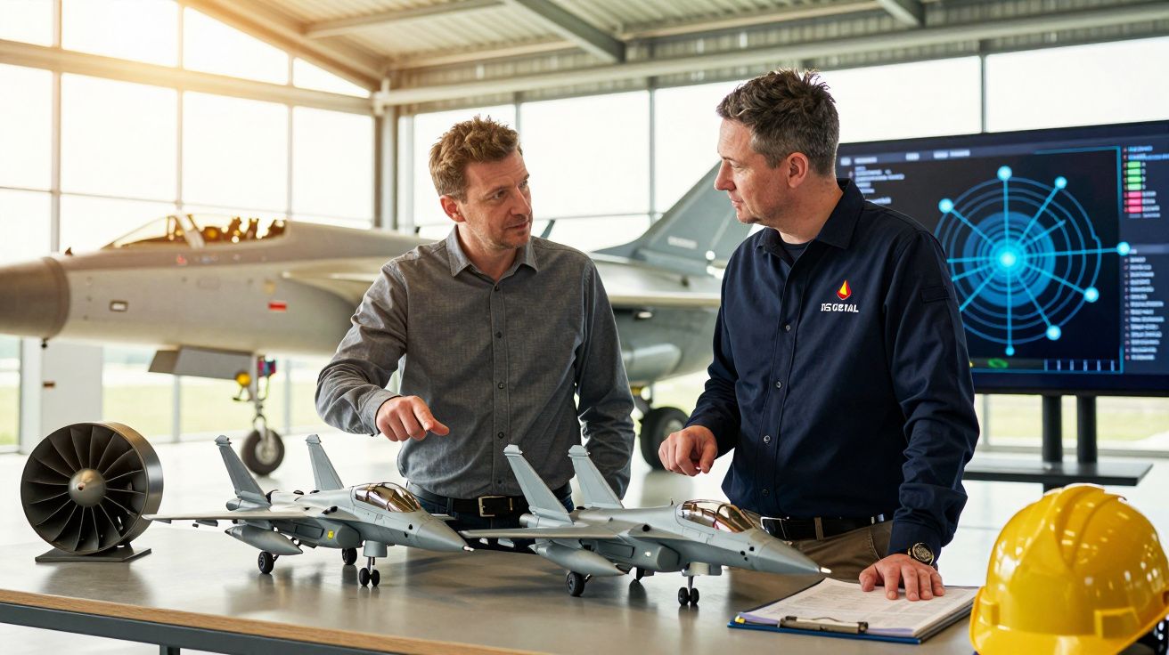 Dwóch mężczyzn omawia modele myśliwców na stole w hangarze lotniczym, w tle pełnowymiarowy samolot i ekran radarowy.