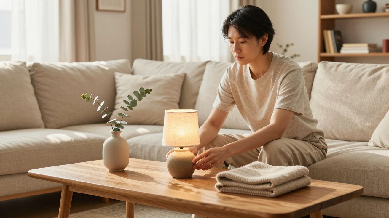 Osoba przy stoliku w salonie, ustawiająca lampkę. Obok wazon z liśćmi i ułożone ręczniki.