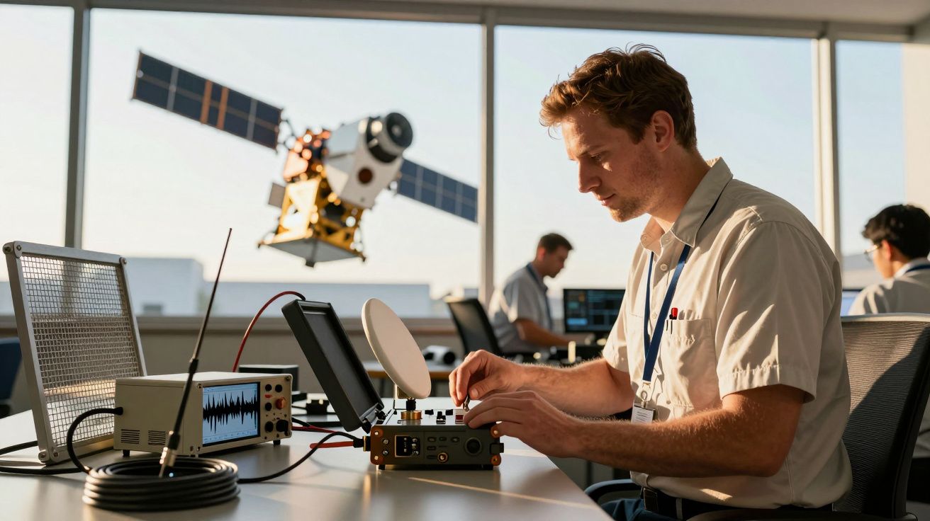 Inżynier pracuje przy sprzęcie elektronicznym w biurze, a za oknem widoczny jest model satelity.