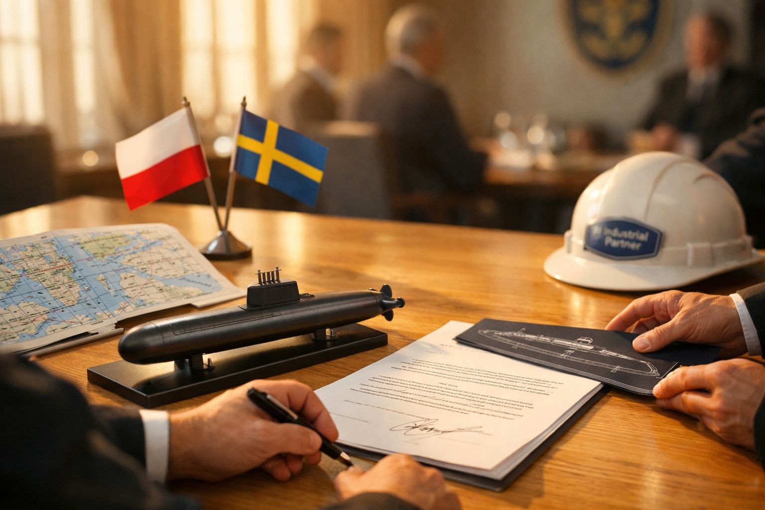 Dwóch mężczyzn w mundurach nad mapą morską, z modelami łodzi podwodnej i torpedy, w tle flagi Polski i Szwecji.