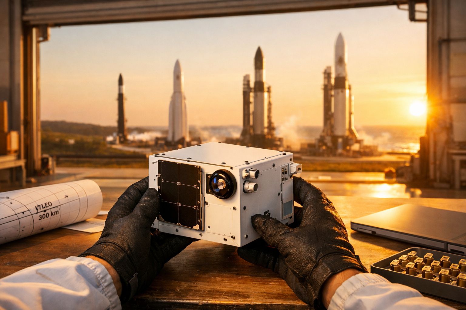 Osoba przy komputerze ze zdjęciem Ziemi, modele planet, plakietki misji kosmicznej, w tle rakiety kosmiczne.