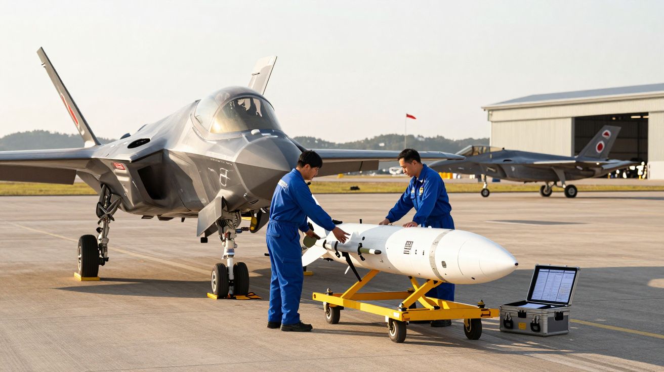 Dwóch techników w niebieskich kombinezonach przygotowuje pocisk obok myśliwca na lotnisku wojskowym.