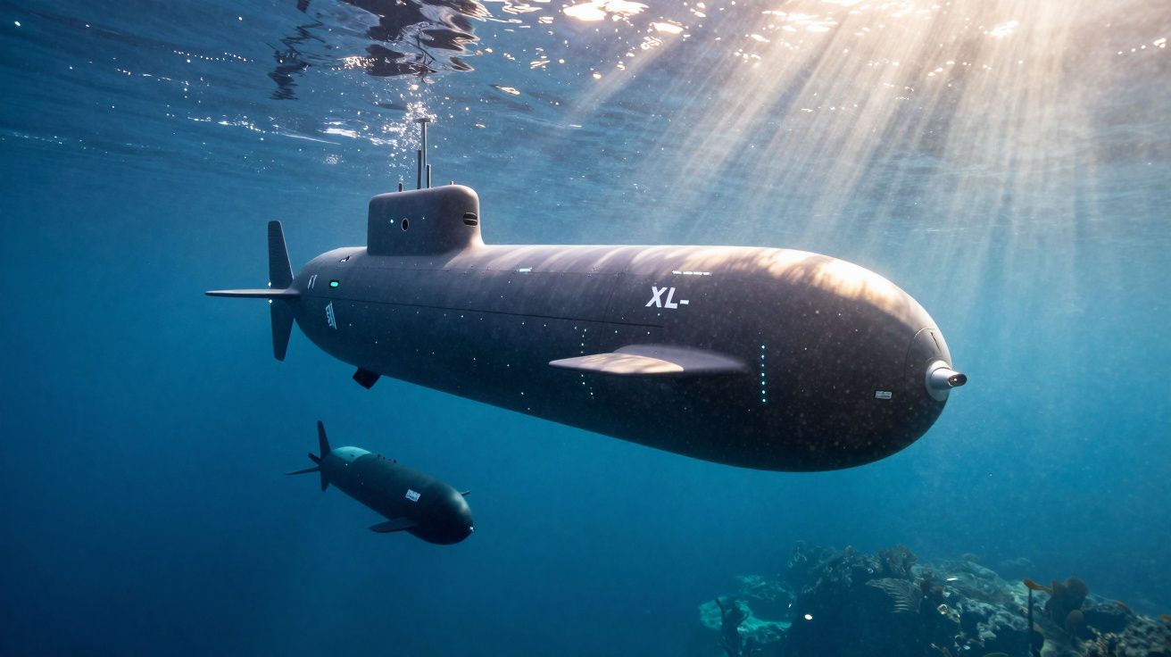 Dwa nowoczesne okręty podwodne pływające pod wodą, oświetlone przez promienie słoneczne.