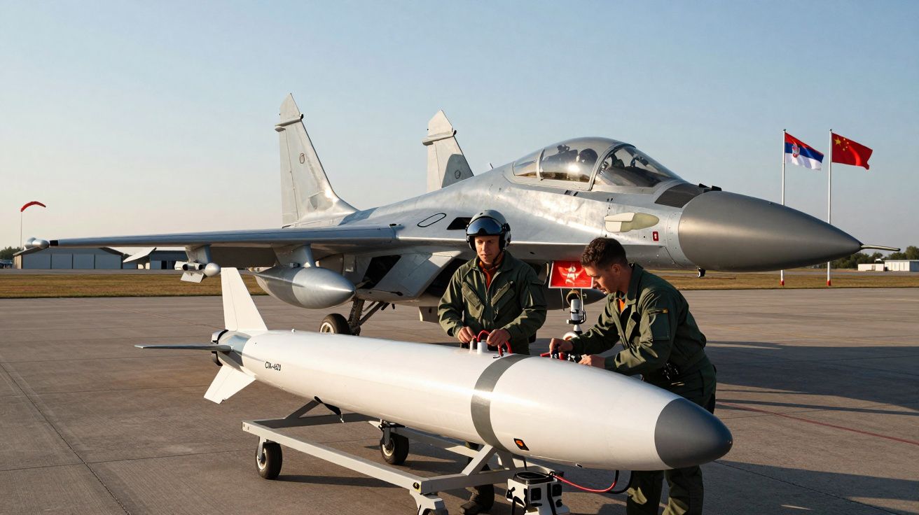 Dwóch żołnierzy przy bombie na wózku obok myśliwca na lotnisku z flagami Chin i Serbii w tle.