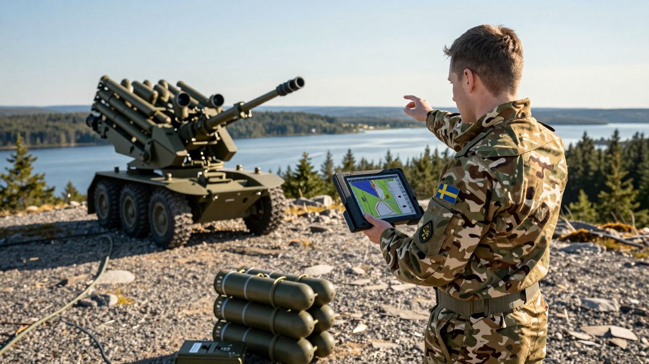 Żołnierz w kamuflażu sterujący zdalnie pojazdem bojowym wyposażonym w wyrzutnie rakiet na skalistym wzgórzu.