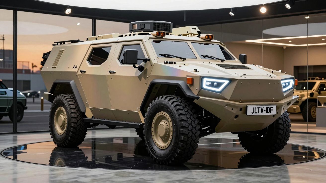 Beżowy opancerzony pojazd wojskowy JLTV-IDF wystawiony w nowoczesnym wnętrzu salonu.
