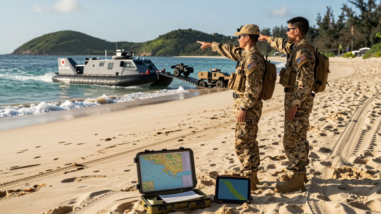 Dwaj żołnierze na plaży wskazują na bojową łódź szybą przy brzegu z mapami na piasku.