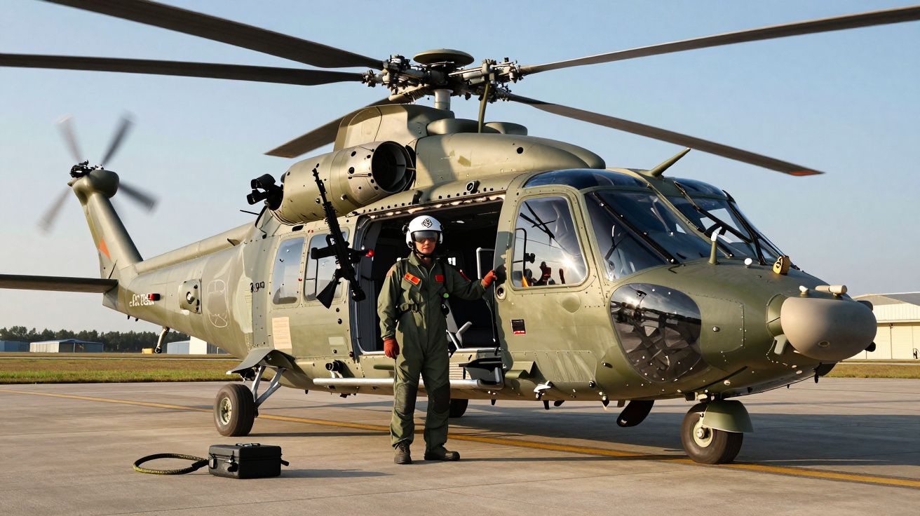 Helikopter wojskowy na płycie lotniska, obok stoi żołnierz w kombinezonie pilota z hełmem.