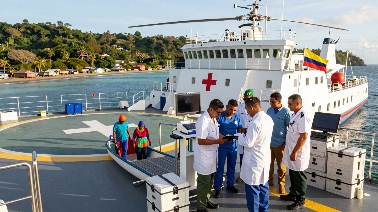 Załoga medyczna na pokładzie statku szpitalnego cumującego przy tropikalnej wyspie.