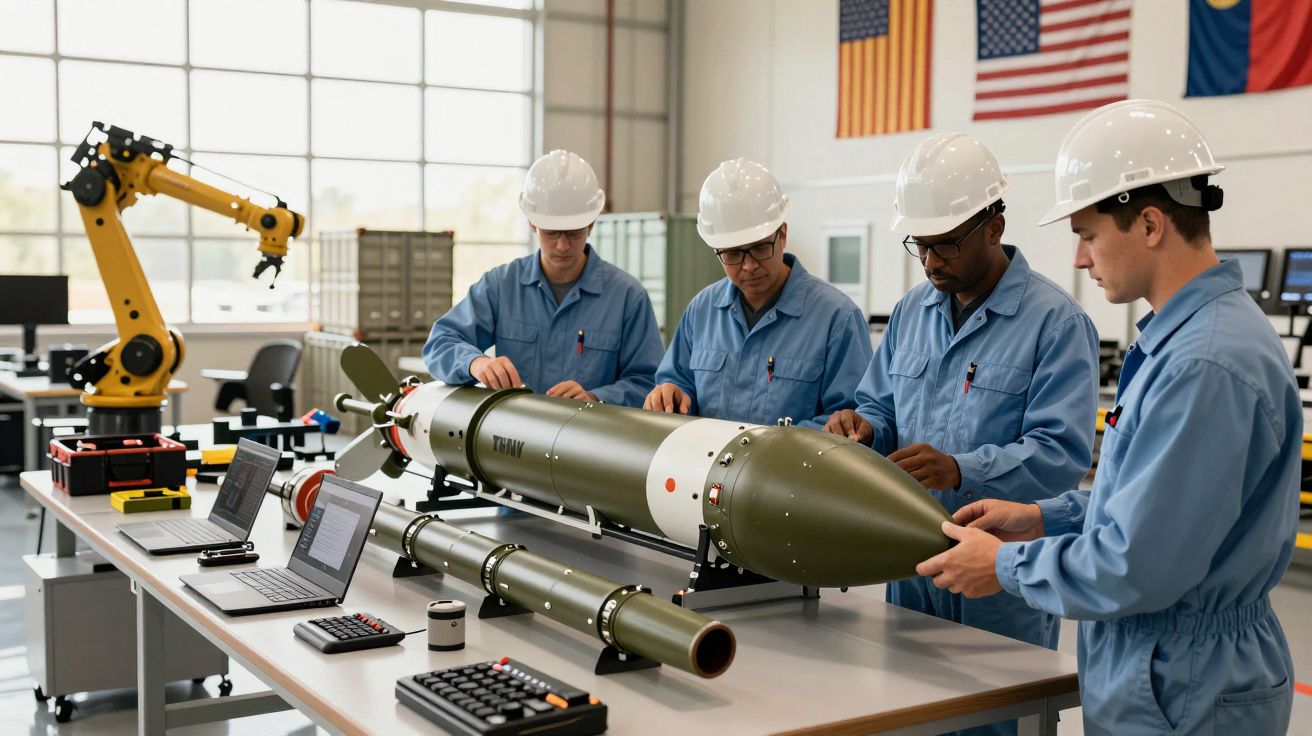 Czterech inżynierów w kaskach pracuje przy dużej rakiecie i sprzęcie elektronicznym na stole w laboratorium.