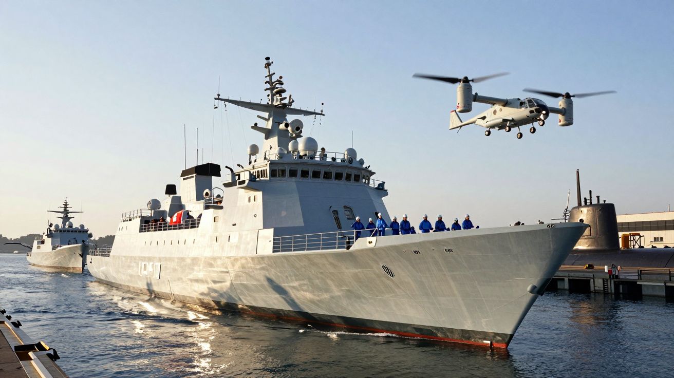 Okręt wojenny na wodzie z personelem na pokładzie i helikopterem unoszącym się nad nim.