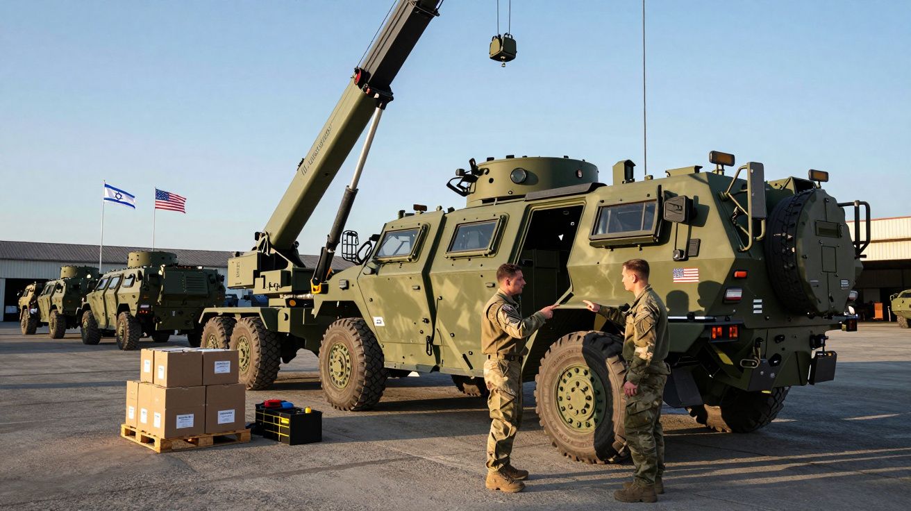 Dwóch żołnierzy rozmawia przy wojskowym pojeździe opancerzonym na placu z flagami Izraela i USA.