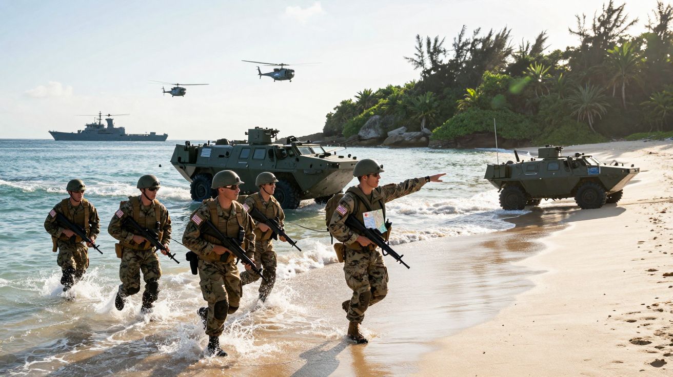 Żołnierze na plaży z bronią, pojazdy opancerzone, śmigłowce i statek wojskowy w tle.
