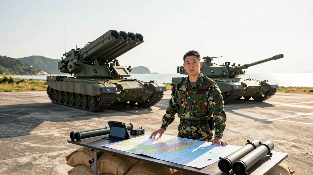 Żołnierz w mundurze stoi przy stole z mapą, w tle czołg i wyrzutnia rakiet na poligonie wojskowym.