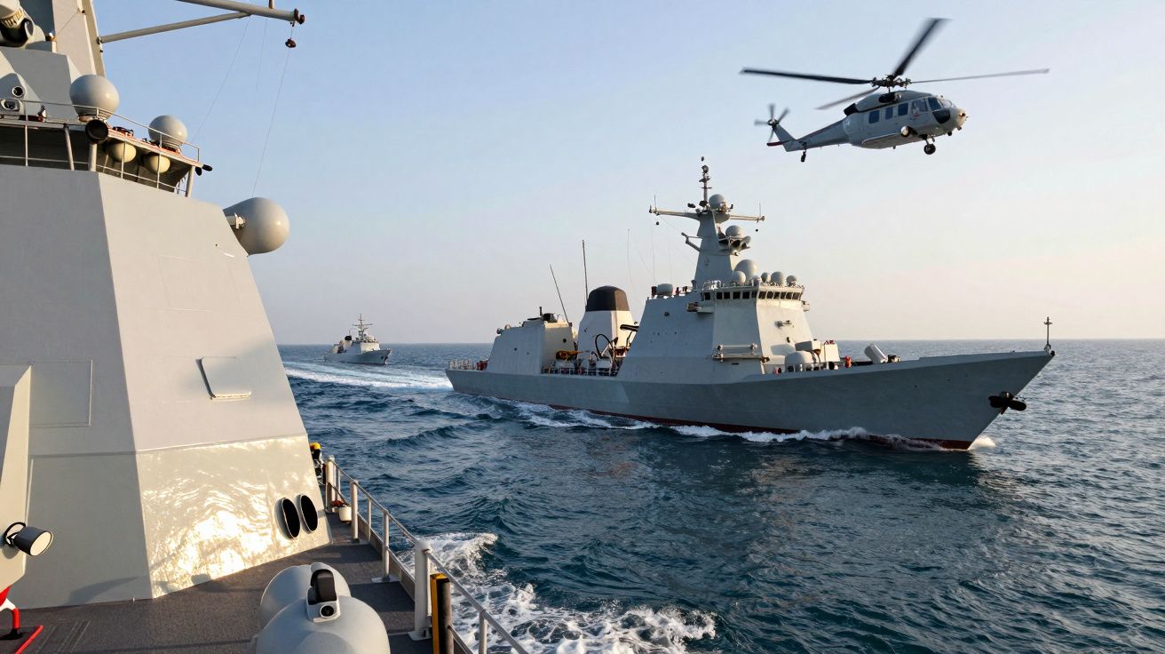 Okręty wojenne na morzu, nad jednym z nich unosi się helikopter w locie.