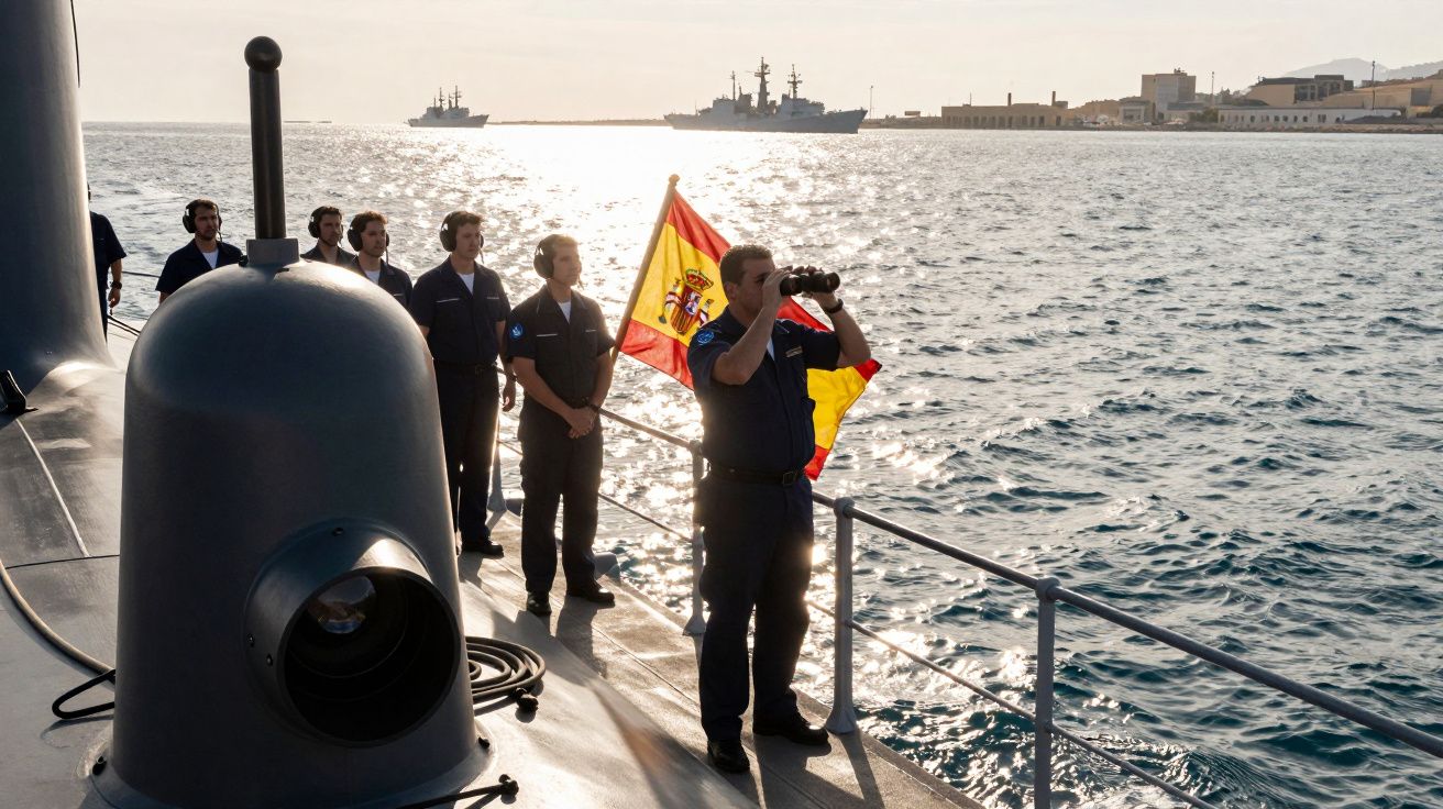 Marynarze na pokładzie okrętu wojennego z hiszpańską flagą, obserwują morze przez lornetkę.