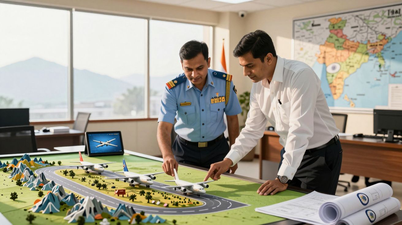 Dwóch mężczyzn przy stole z modelem lotniska i samolotów w pomieszczeniu biurowym z mapą na ścianie.