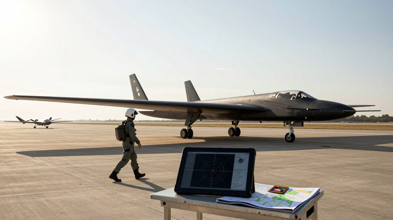 Samolot bombowy U-2 na pasie startowym, obok człowiek w mundurze i tablet z mapą na stole.