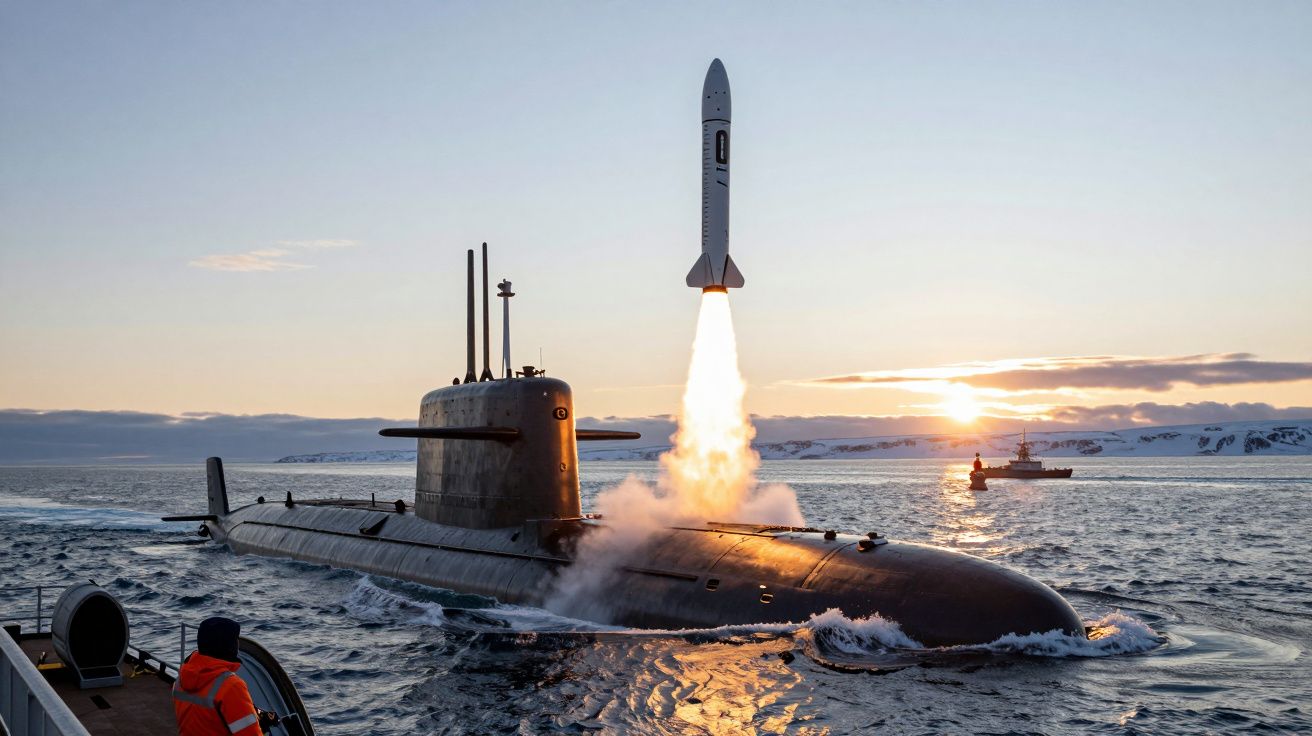 Rakieta wystrzeliwana z okrętu podwodnego na otwartym morzu o zachodzie słońca.