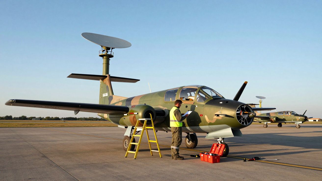 Samolot wojskowy z anteną radarową na pasie startowym, technik przy maszynie w kamuflażu.