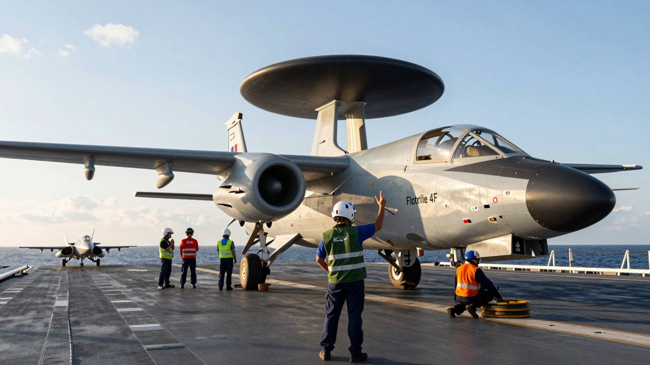 Samolot wojskowy z systemem radarowym na pokładzie lotniskowca i personel pokładowy na tle morza.