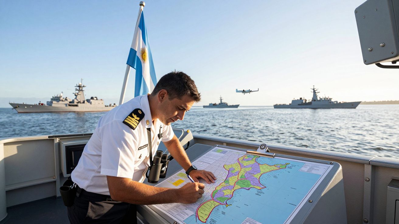 Oficer marynarki z Argentyny zaznacza trasę na mapie na tle trzech okrętów wojennych i samolotu nad wodą.