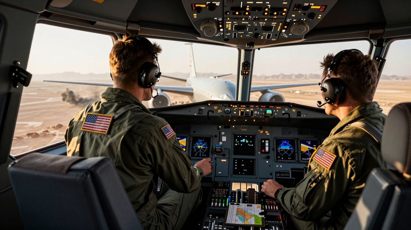 Dwóch pilotów w mundurach z amerykańską flagą w kokpicie samolotu wojskowego na pustynnym lotnisku.