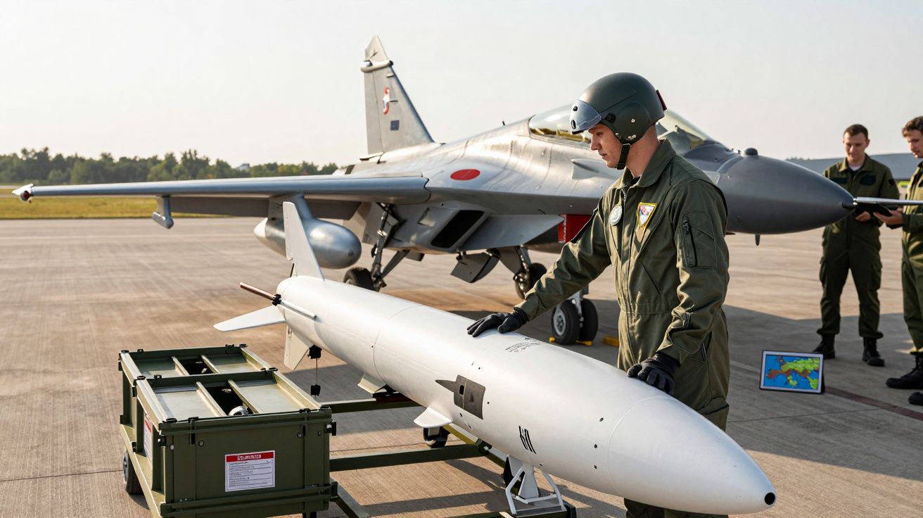 Żołnierz w hełmie przy dużej rakiecie na lotnisku, w tle myśliwiec i inni żołnierze.