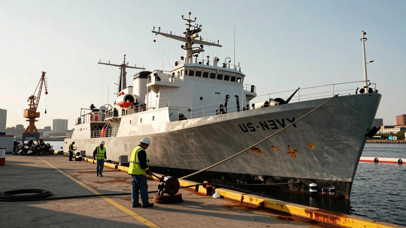 Duży okręt wojskowy US Navy cumujący przy nabrzeżu, obok pracownicy w kamizelkach i hełmach.