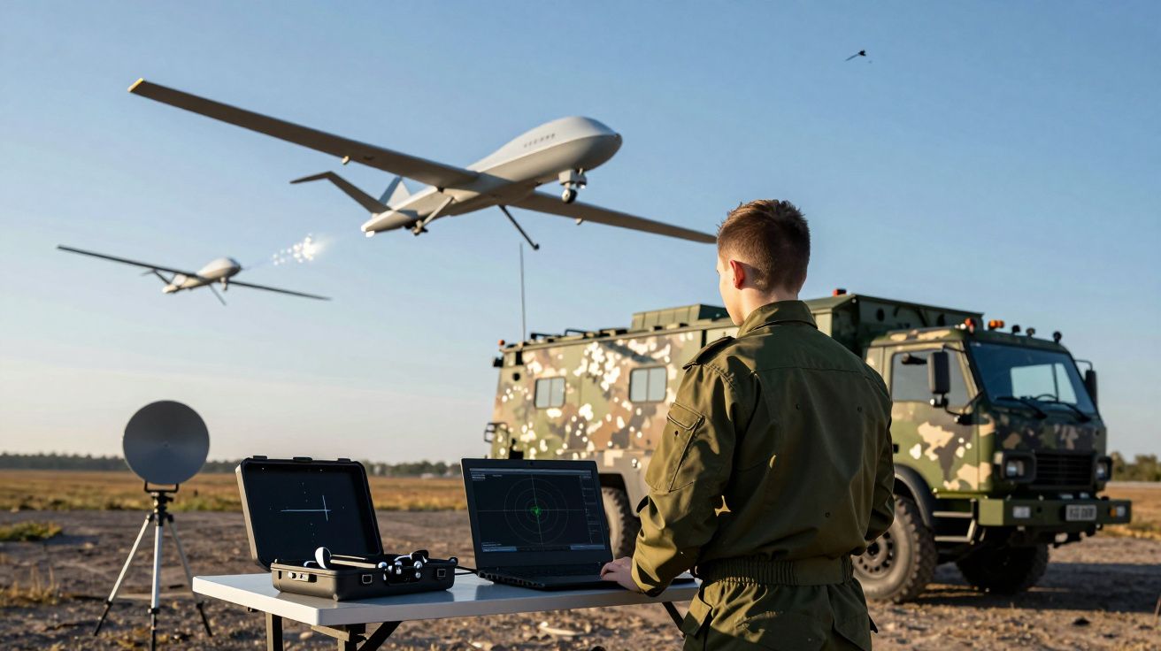 Operator wojskowy sterujący dronami bojowymi na polu, obok kamuflowany pojazd i sprzęt elektroniczny.