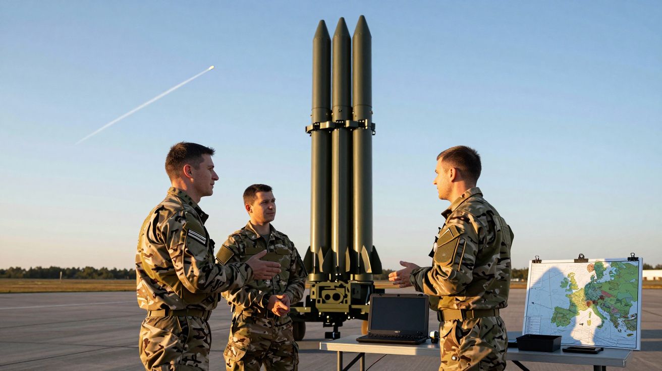 Trzej żołnierze w mundurach rozmawiają obok wyrzutni rakiet i mapy Europy w plenerze.
