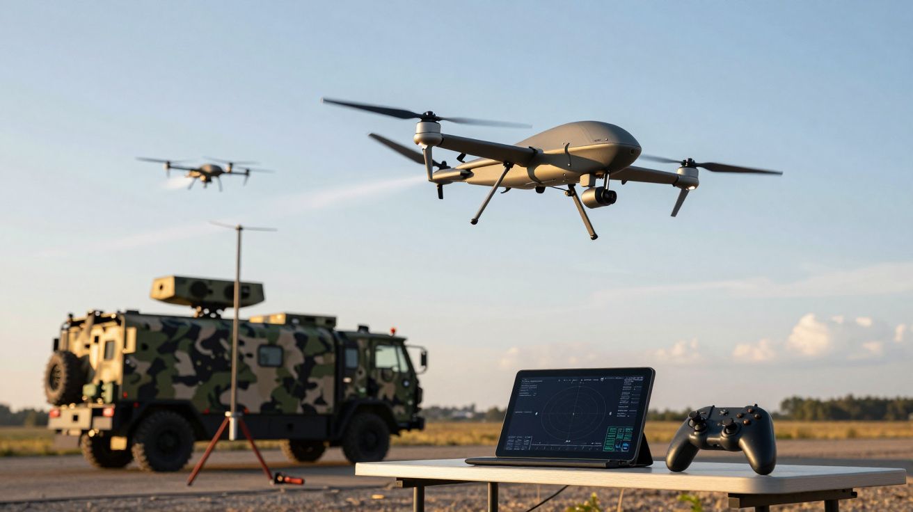 Dron wojskowy lata nad stołem z laptopem i kontrolerem, w tle teren i kamuflowany pojazd wojskowy.