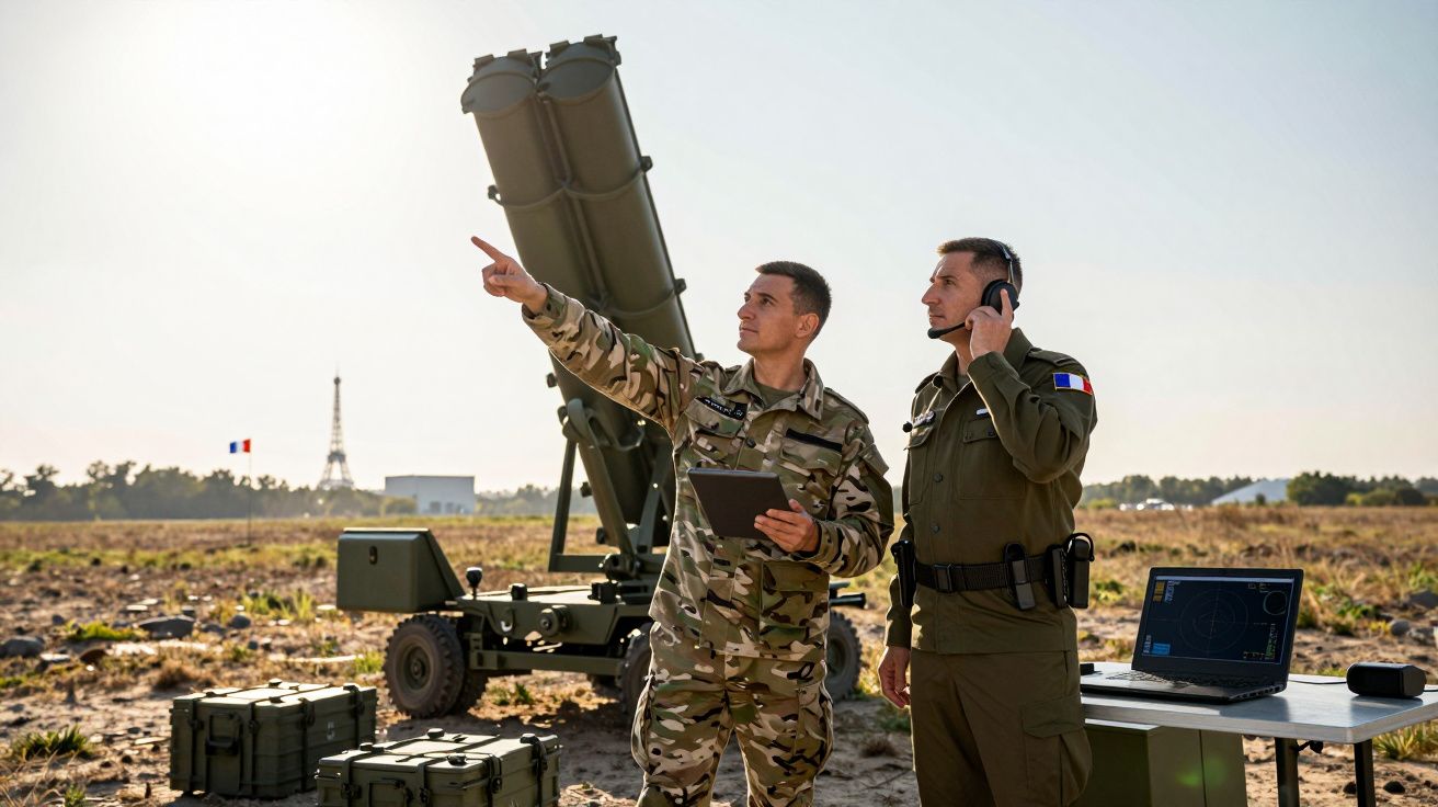 Dwóch żołnierzy przy wyrzutni rakietowej, jeden wskazuje, drugi słucha przez radio, Paryż w tle.