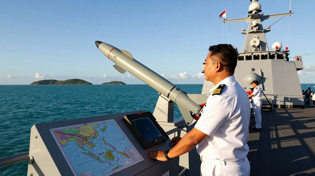Marynarz na okręcie wojennym przy stanowisku z mapą i rakietą nad morzem.