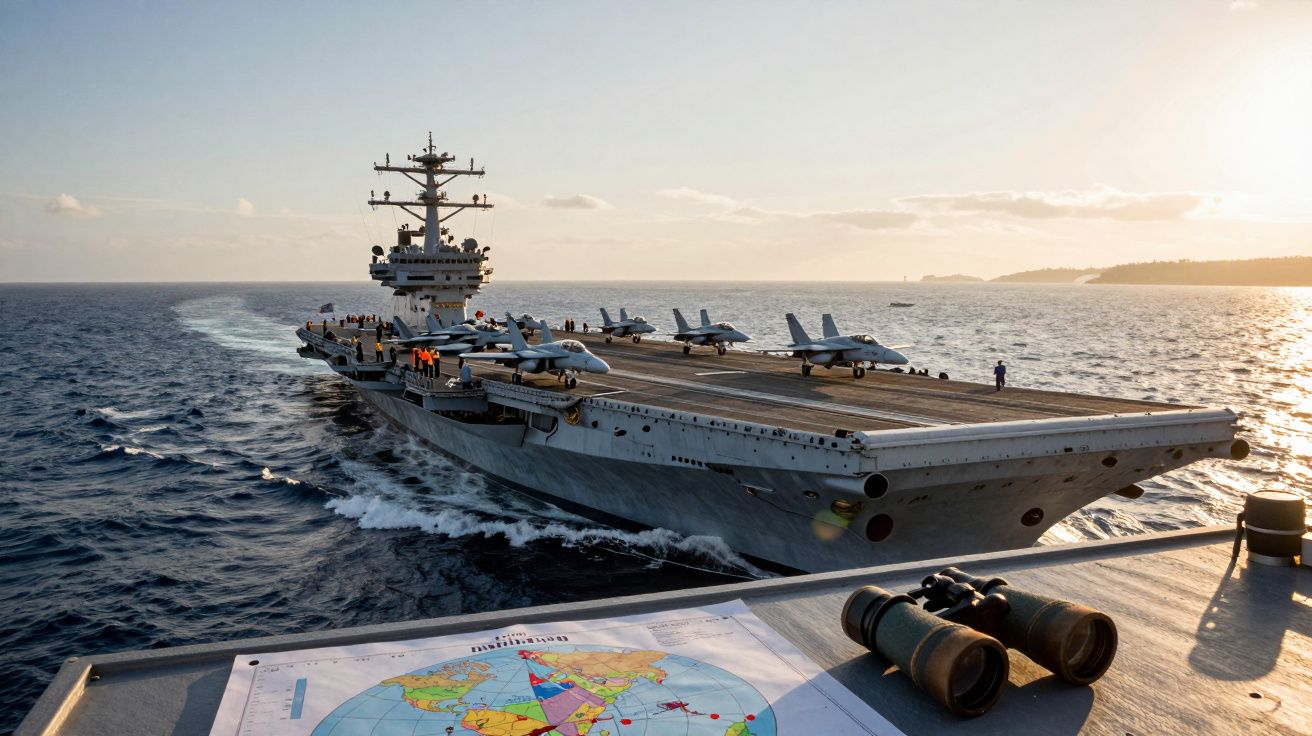 Lotniskowiec wojskowy z samolotami na pokładzie płynący po morzu podczas zachodu słońca.