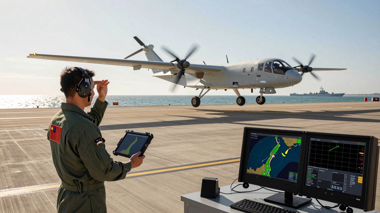 Żołnierz kieruje startem samolotu bezzałogowego na pasie startowym przy morzu z widokiem na okręt wojenny.